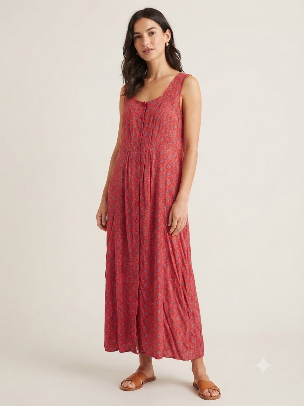 April Cornell Sz L Vintage Red Floral Cottagecore Button Front Midi Dress